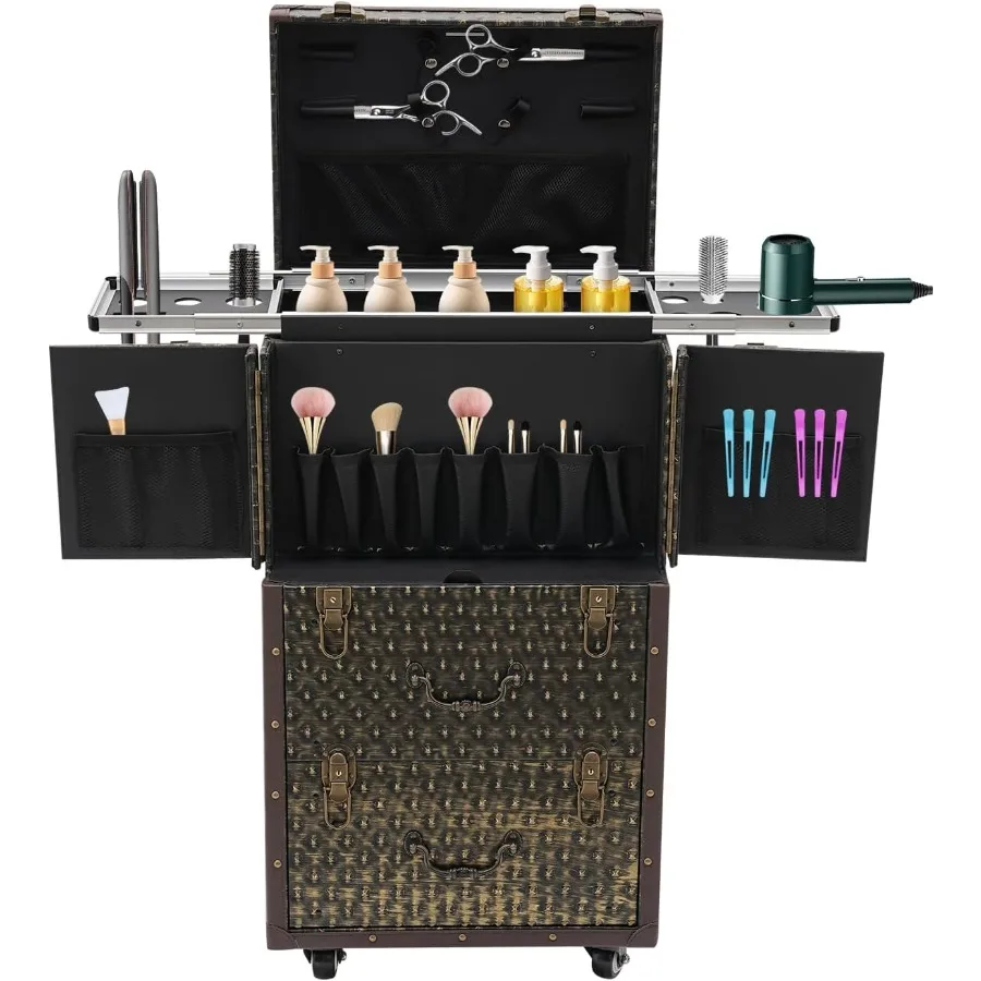 

Lockable Makeup Train Case55.1lbs Rolling Hairdressing Trolley Beauty Salon Cosmetic Luggage with Universal Wheels for Hair Sty