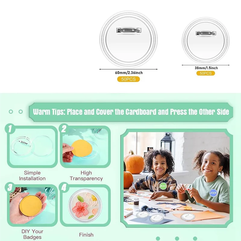 단추 메이커 DIY 단추 핀, 아크릴 디자인 단추 배지, 투명 단추 핀 배지, 2.36 인치, 50 개