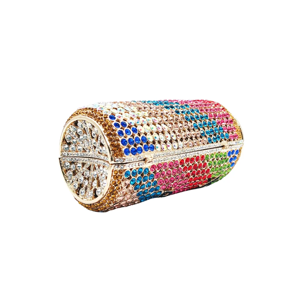 Women's Can-Shaped Rhinestone Evening Bag Colorful Crystal Cylinder Clutch Purse with Wedding Party Chain Shoulder Crossbody Bag - view 6