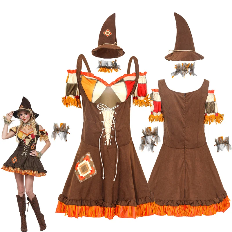かかし魔女コスプレドレス衣装大人女性のための帽子フルセットアクセサリースーツハロウィンパーティーロールプレイカーニバル衣装
