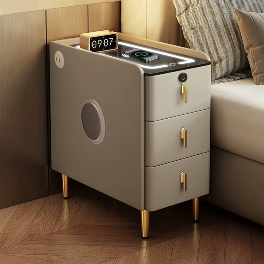 

Modern Simple Smart Bedside Table Small Solid Wood Multifunctional Nightstand Complete Set for Home Bedroom Bedside Storage