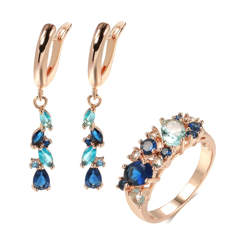 Kinel New Blue Natural Zircon Long Earrings Ring Sets for Women Trendy 585 Rose Gold Ring Romantic Vintage Wedding Jewelry Sets