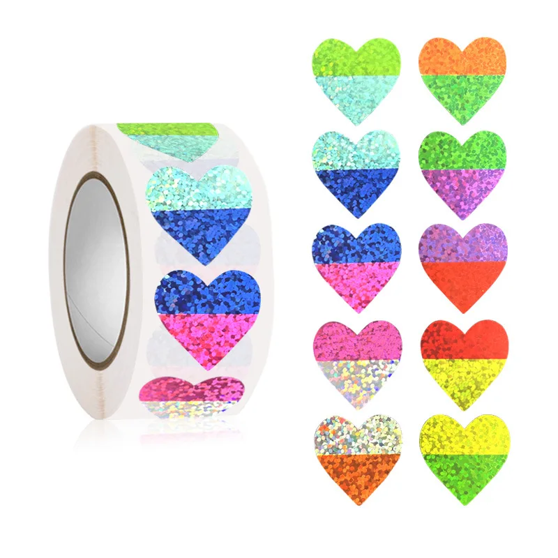 500pcs Heart Shaped Laser Sticker Colorful Shiny DIY Decoration Label Roll Gift Wrapping Seal Stickers