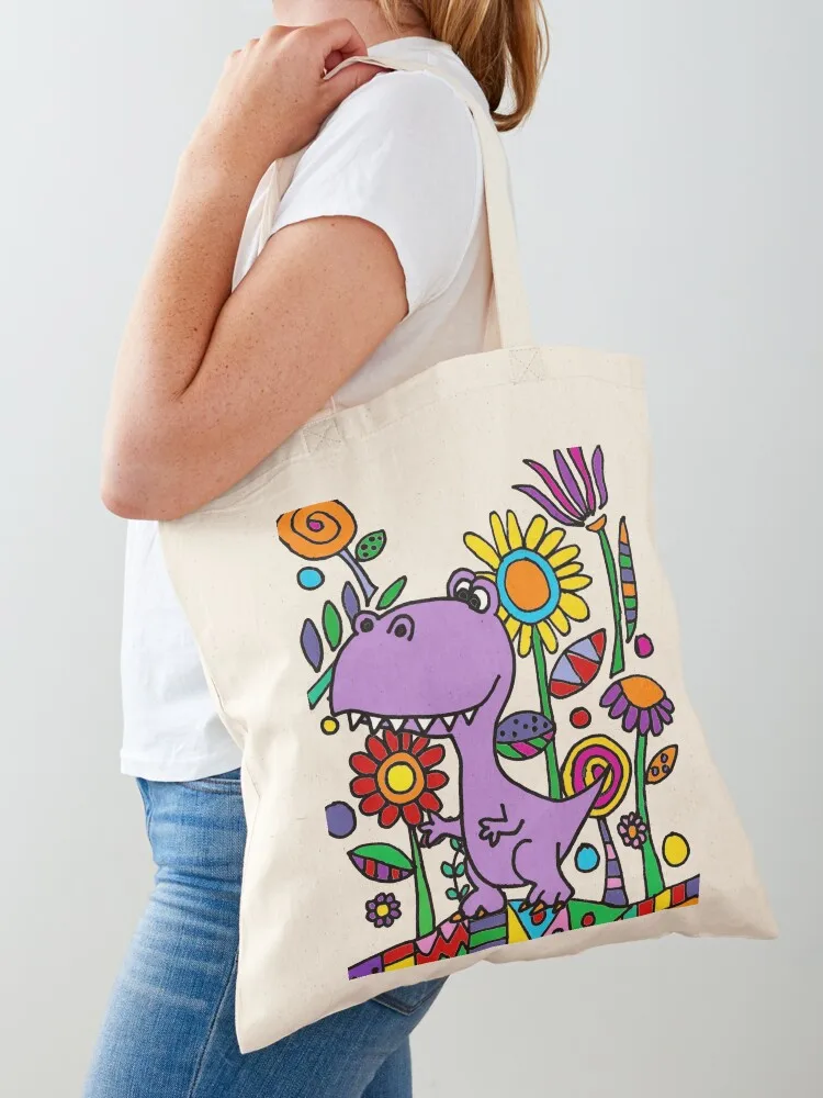 

Funny T-rex Dinosaur in Flower Garden Tote Bag Portable shopping bag Large bags for women canvas tote bag Canvas