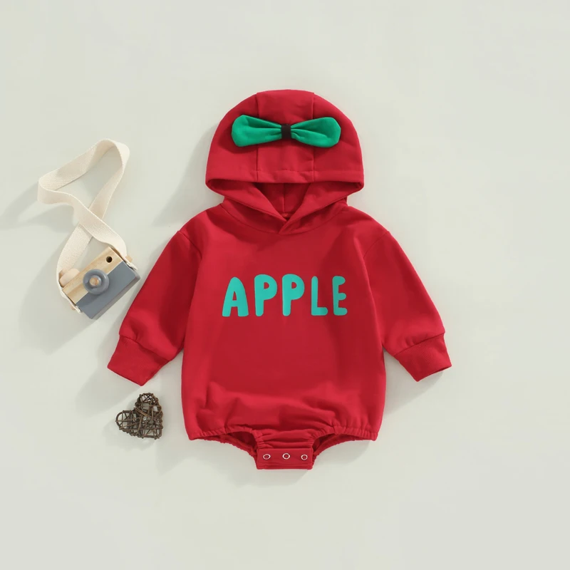 Baby Boys Girls Apple Costume Apple Letters Print Hooded Long-Sleeves Short Jumpsuit Rompers Fall Clothes