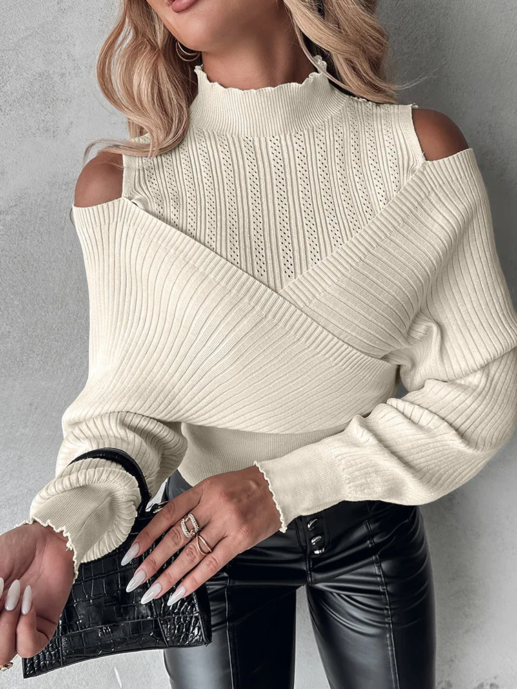 Overlap Hollow Out Sweater Women Knit Pullovers Turtleneck Tops Cross Jumpers Woman Clothing Sexy Cold Shoulder Top Sweaters