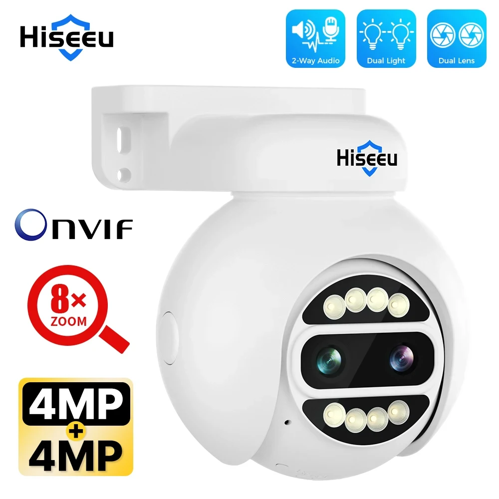 Hiseeu POE IP Camera 8X Zoom 4K 4MPx2 Dual Lens PTZ CCTV Security Video Surveillance Camera System XMeye 2 Way Audio Cameras