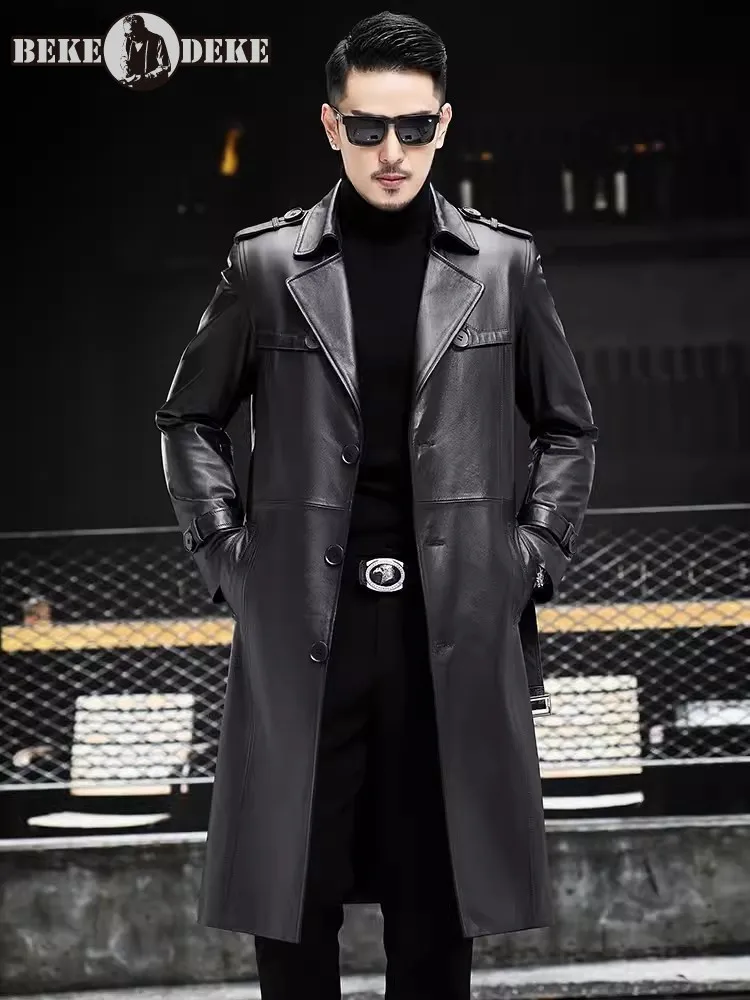 New Autumn Winter Mens Cowhide Genuine Leather Trench Black Punk Outwear Single Breasted Slim Fit Business Casual Men Long Coat