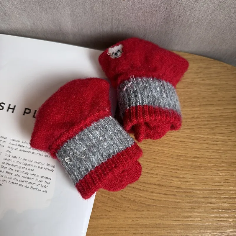 Cute Lovely Sweety Cartoon Puppy Embroidery Knitted Yarn Gloves Women Winter Keep Warm Touch Screen Thin Not Bloated