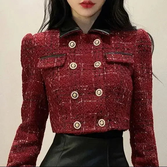 Temperament 2 Piece Sets Women Outfits Double High Quality Breasted Jackets High Waist Mini PU Skirt Suit Fashion Korean Set