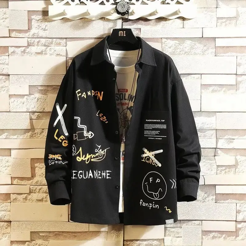 

Рубашка с длинными рукавами с принтом, мужская свободная повседневная рубашка-куртка, модная одежда в корейском стиле