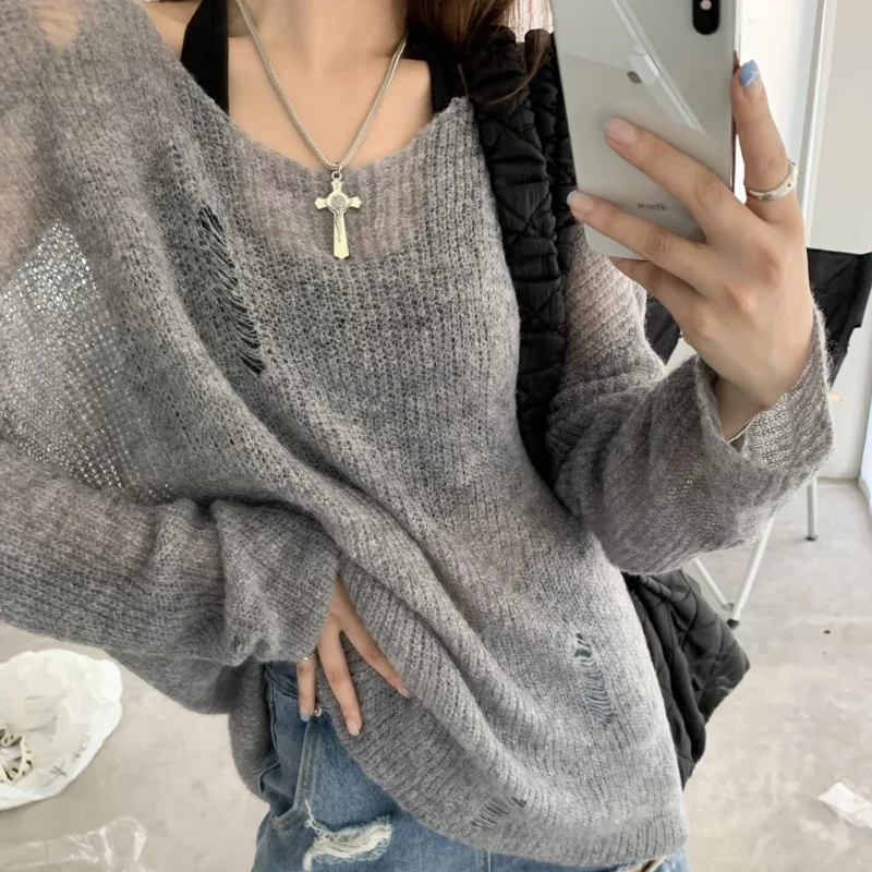 Hole Pullovers Women Grey Hollow Out Knitted Slouchy Fashion All-match Tops Baggy Streetwear Casual Sweater Jumpers Chic Girls