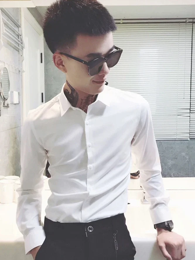 

Casual Long Sve Ice Silk Bright Surface irt for Small Men No Ironing Needed Comfortable Fit Youth Faion Spring Wear