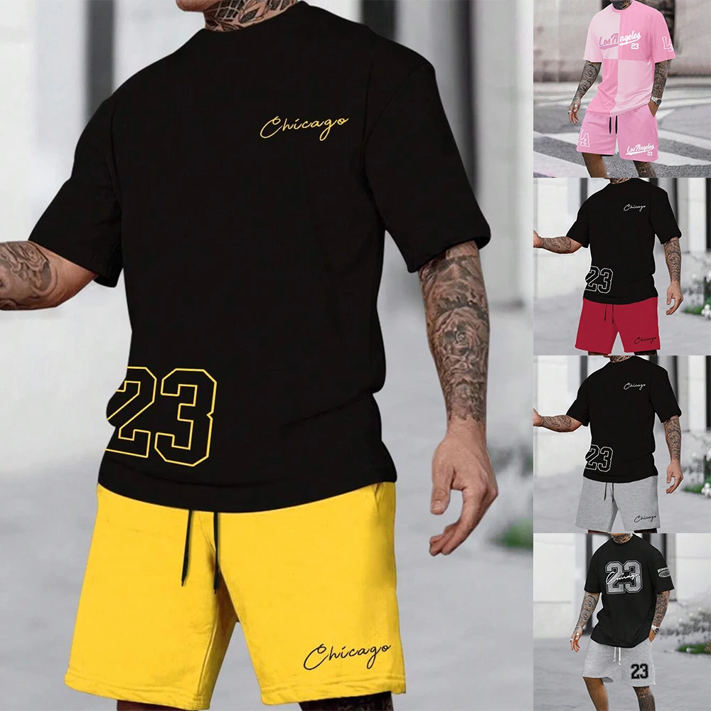 American Fashion Brand Sports Short Sleeved Sweat Absorbing And Quick Drying Men S Set Summer New Loose Digital Print Set