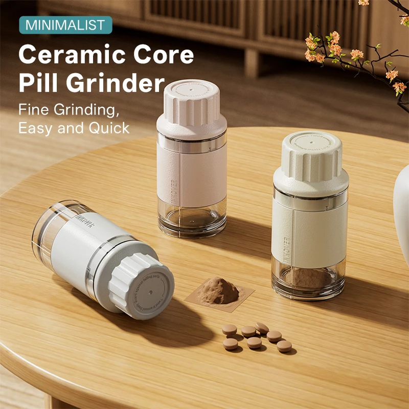 Manual Pill Grinder with Ceramic Core - No Heat Curved Bottom Easy Clean Fits All Tablets - Fine Grinding Medication Grinder