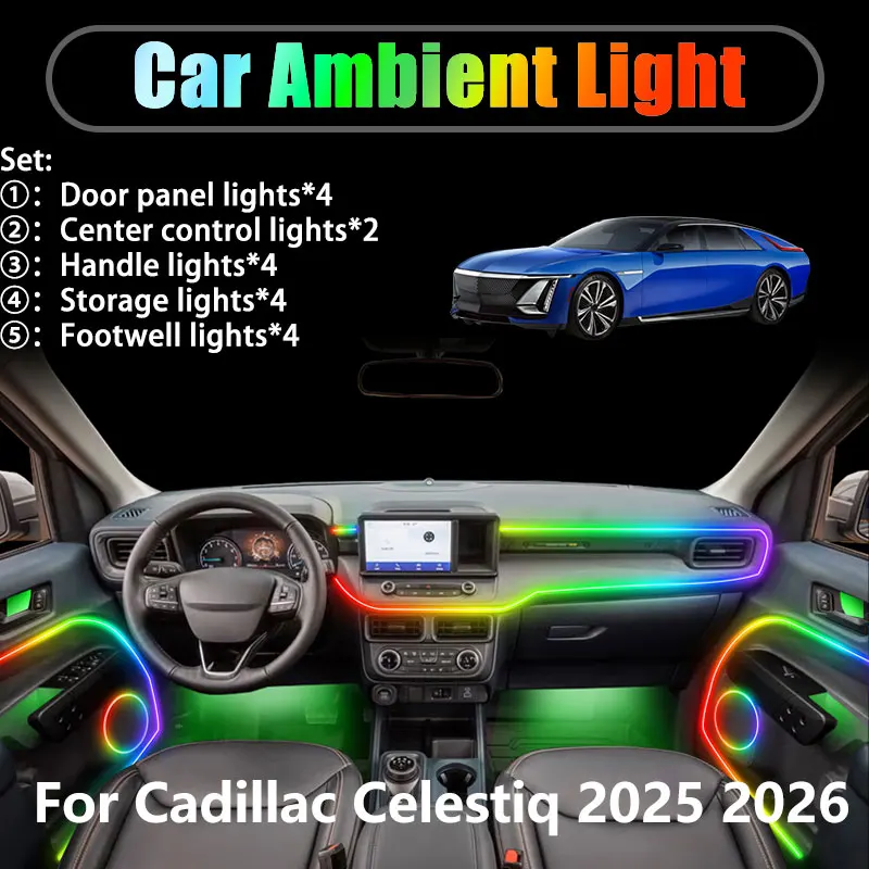 

Для Cadillac Celestiq 2025 2026 2/18 в 1, автомобильное окружающее освещение, светодиодные фонари для интерьера багажника, USB RGB, ансамбль, стример, автозапчасти