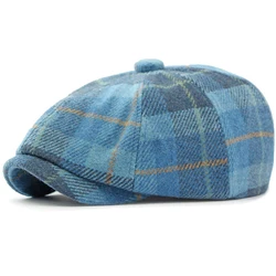 HT4438 Berets Men Women Autumn Winter Octagonal Flat Cap Retro Artist Painter Beret Hat for Men Male Female Plaid Wool Beret Cap