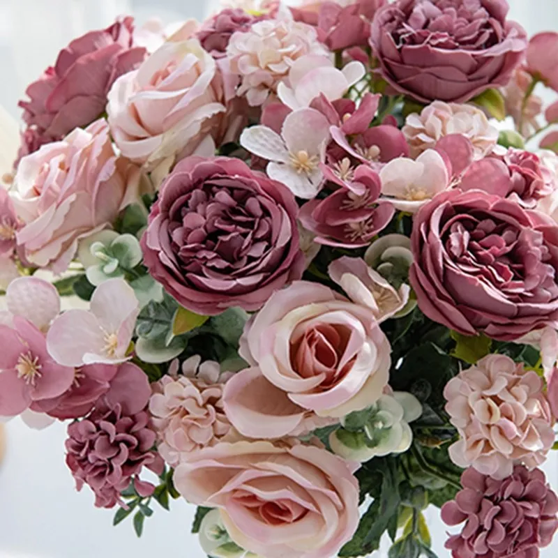 10 Stück Künstliche Blumen aus Seide, Pfingstrosen, Rosen, Hortensien, für Hochzeit, Garten, Hof, Bogen, Heimdekoration, Vase, Festkranz, Blumenarrangement – Detail 8