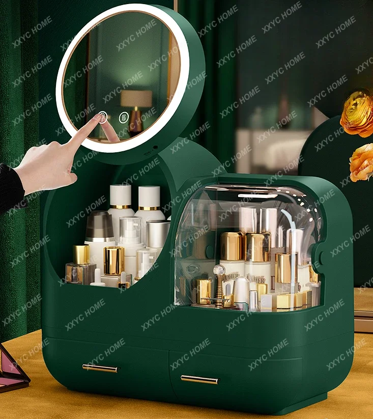 Cosmetics Storage Box with Mirror Integrated Dustproof Desktop Household Box Storage Rack