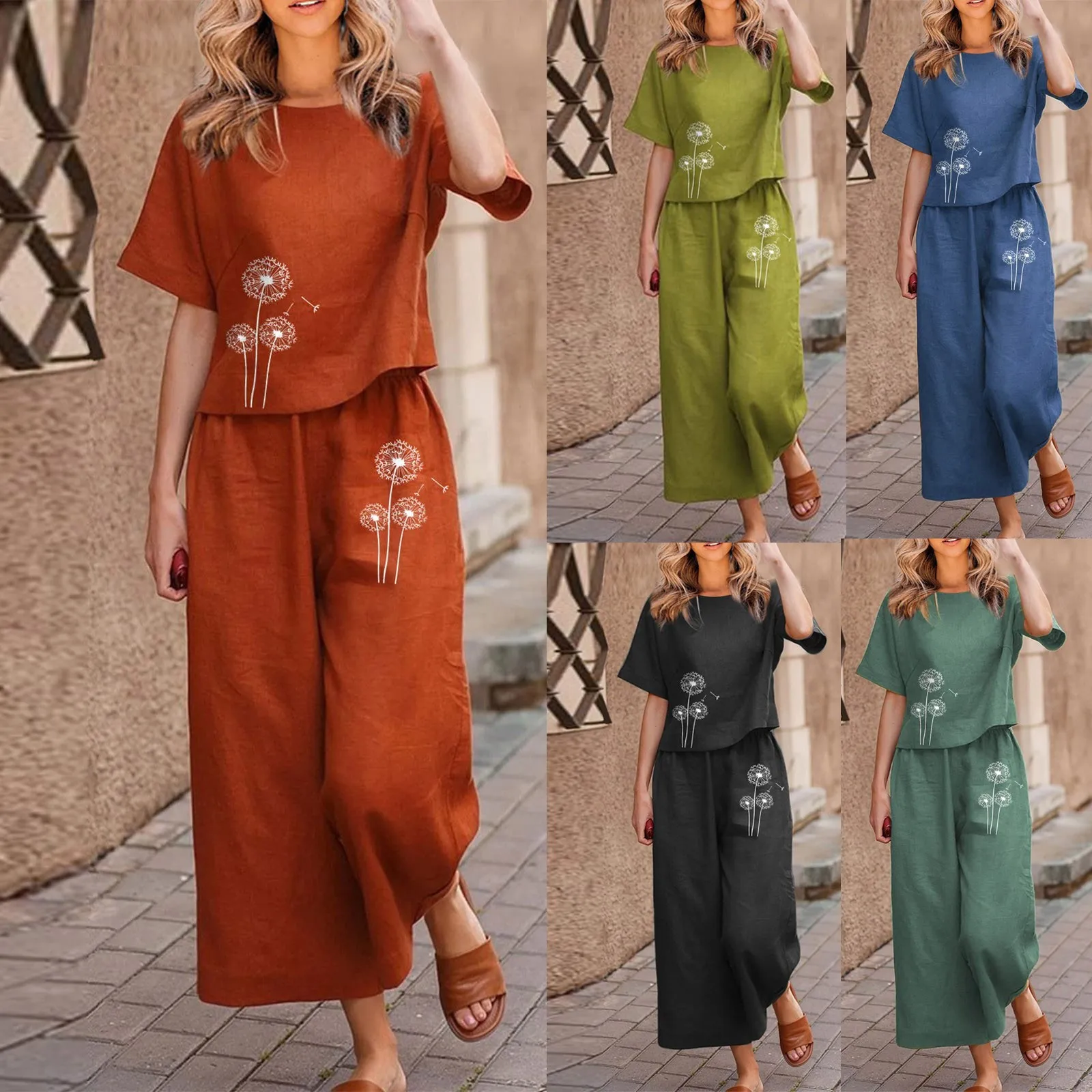 Women Vintage Cotton Linen Printed Two Piece Suits Ladies Casual Short Sleeve Blouse Loose Cropped Wide Leg Trousers Suits