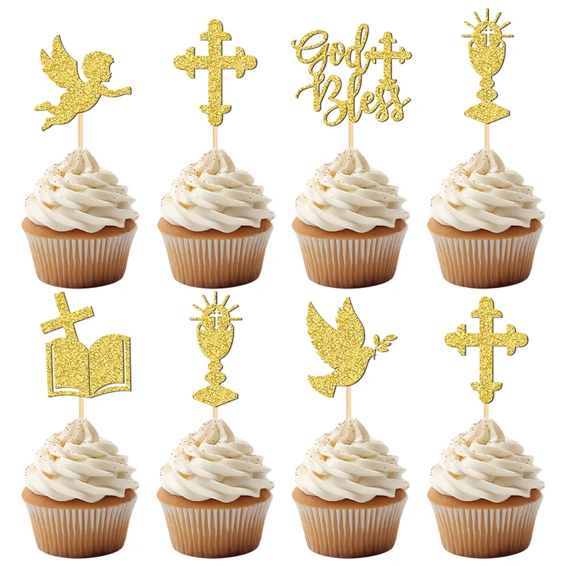 YOMDID 24 Stück Göttliche Cupcake-Topper, glitzerndes Design, Kuchendekoration für Taufe, Dusche, Taube, Engel, Kelch, Bibel, Kreuz – Detail 6