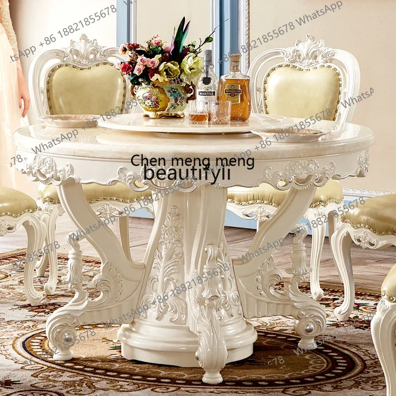 

178Round dining table all solid wood natural marble countertop dining table French large apartment American style2936