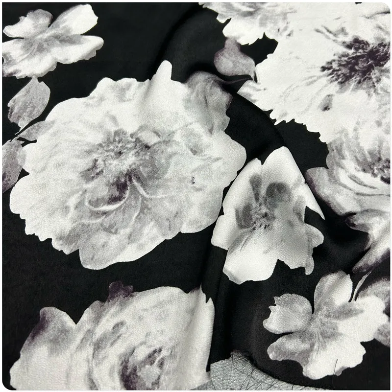 

Black Background White Flower Artificial Silk Acetate Silky Fabric Sling Dress Shirt Short Sleeve Pants Clothing Fabric