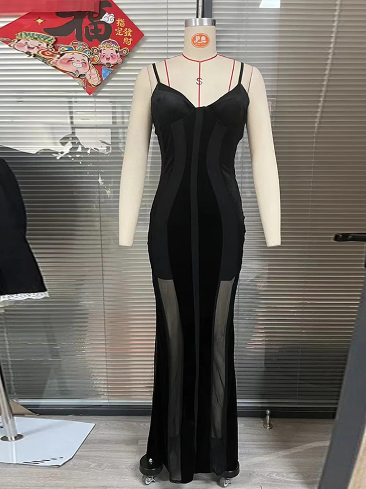 Sexy See Through Strap Long Dress Women Modern Black Mesh Patchwork Slim Hip Package Female Dresses Elegant Lady Evening Gown