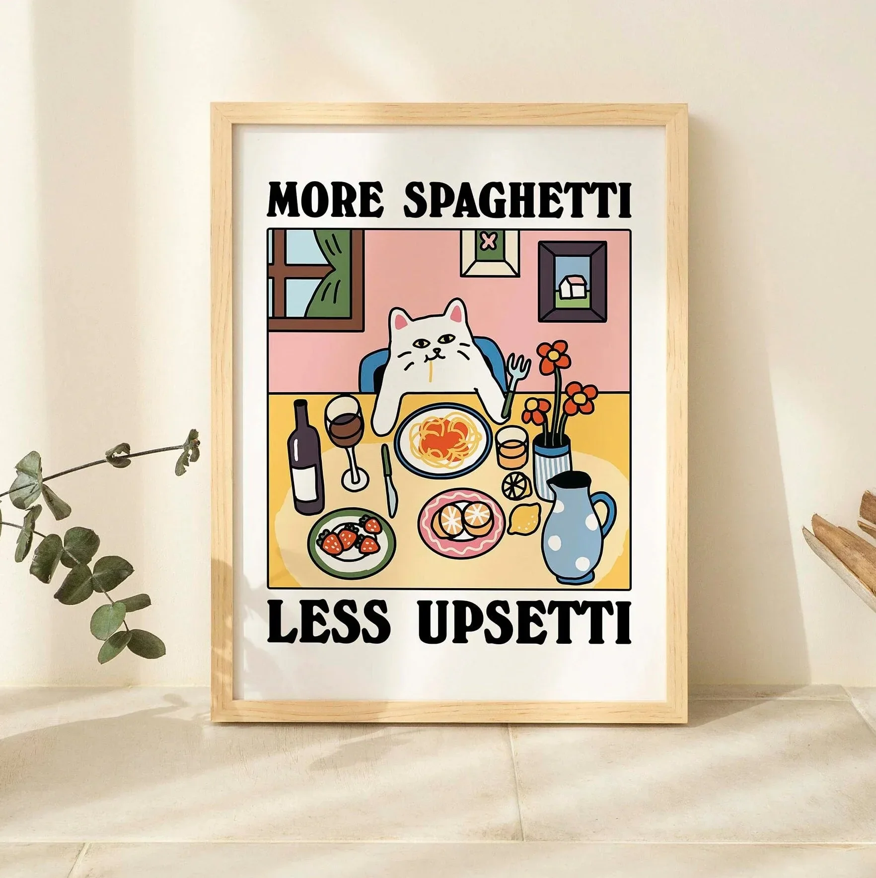 More Spaghetti & Less Regretful Cat Canvas Print Retro More Espresso Cat Kitchen Wall Art Poster for Living Room Cafe Home De