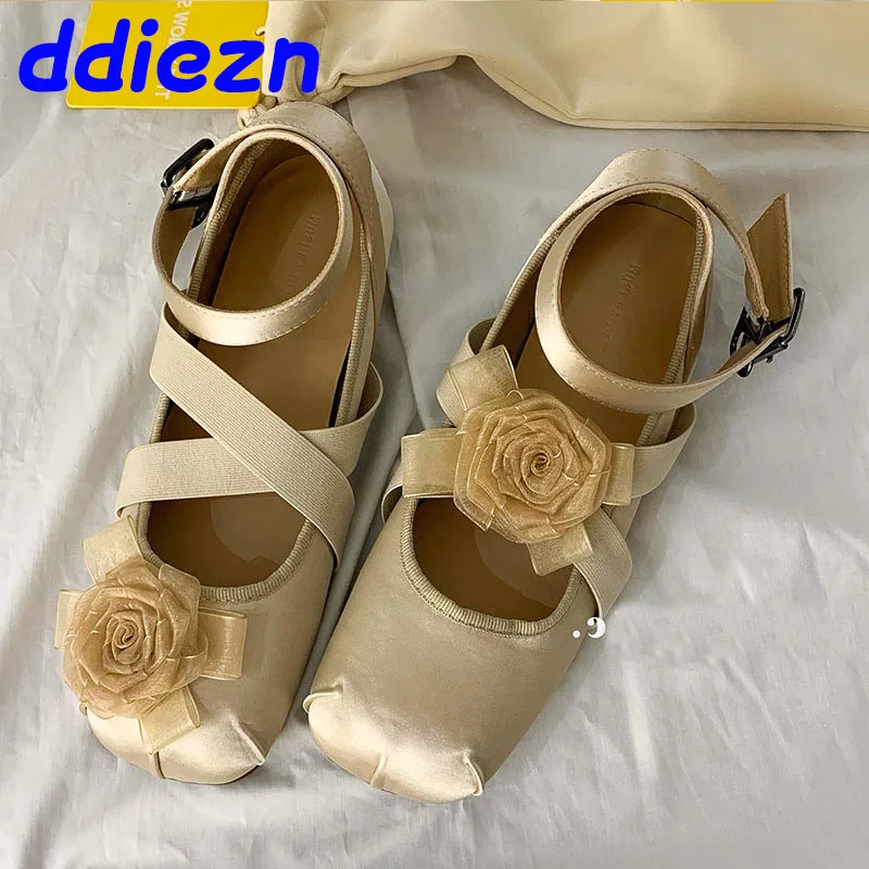 Fashion Flower Women Ballet Flats Dance Shoes Female Soft Footwear Shallow Designer Ankle Strap Ladies Flats Mary Janes Shoes