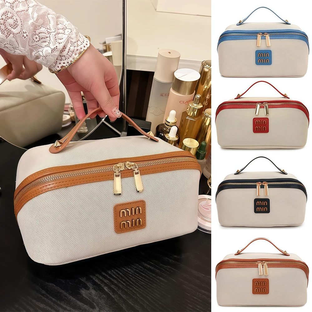 Travel PU Leather Makeup Bag,Large Capacity Cosmetic Bags for Women,Waterproof Portable Pouch Open Flat Toiletry Bag Makeup Bag