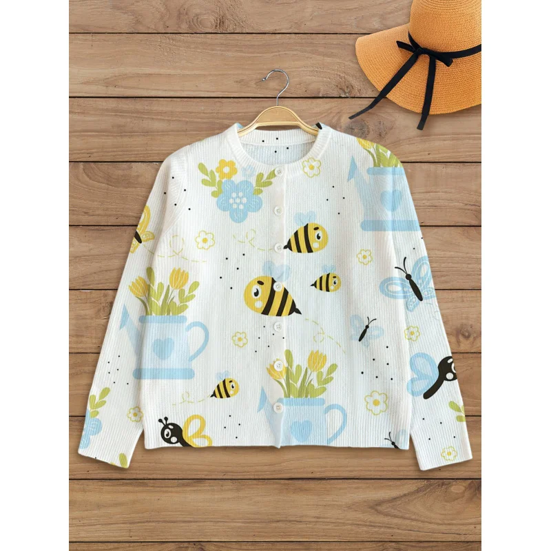 

Sweet Cute Bee Plant Digital Print Women's Sweater Knit Cardigan Thickened Loose Crew Neck Long Sleeve Button Autumn Winter