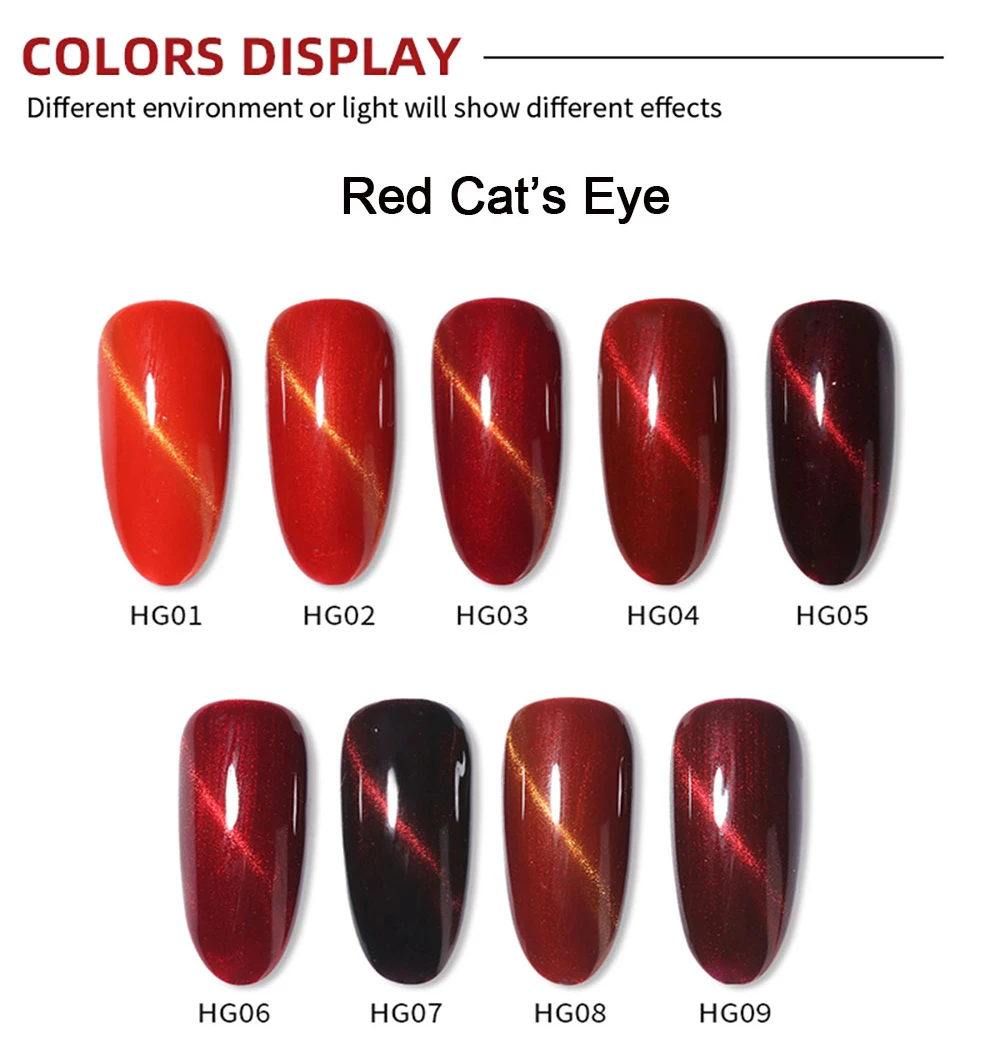 Vendeeni 9 Farben Rote Serie Katzenaugen-Gel-Nagellack Weinrot Glitzer Nagelkunst Gel-Lack Magnetischer UV-LED Soak-Off Gel-Lack – Detail 5