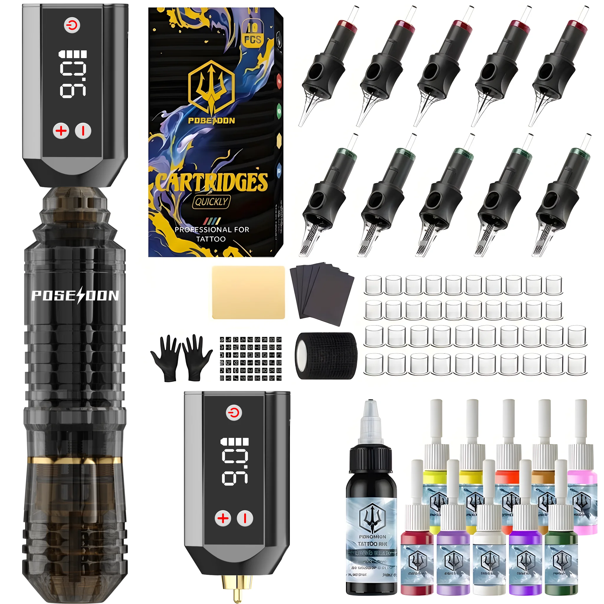 POSEIDON V5 Tattoo Pen Kit Battery Tattoo Pen with Extra Battery 1500mAh Tattoo Gun Kit with Tattoo Power Supply And 10pcs Tattoo Cartridge Needles Complete Tattoo Kit Tattoo Supplies for Beginners