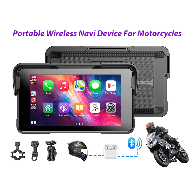 ESSGOO 5-Zoll Motorrad Tragbares Kabelloses Carplay Android Auto IP67 Wasserdichtes GPS-Navigationssystem Bluetooth Touchscreen USB TF