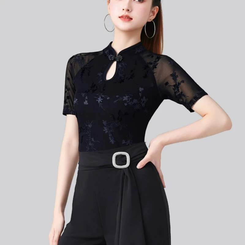 Elegant Ballroom Dance Shirt, Purple Floral Mesh Short Sleeve Top, Frog Button Keyhole Neck, Slim Fit Elastic Fabric for Dance
