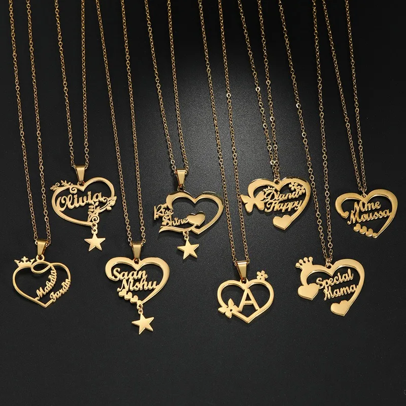 Custom Name Heart Necklace Stainless Steel Mom Girlfriend Child Engraved Name Pendant Love Crown Butterfly Star Birthday gift