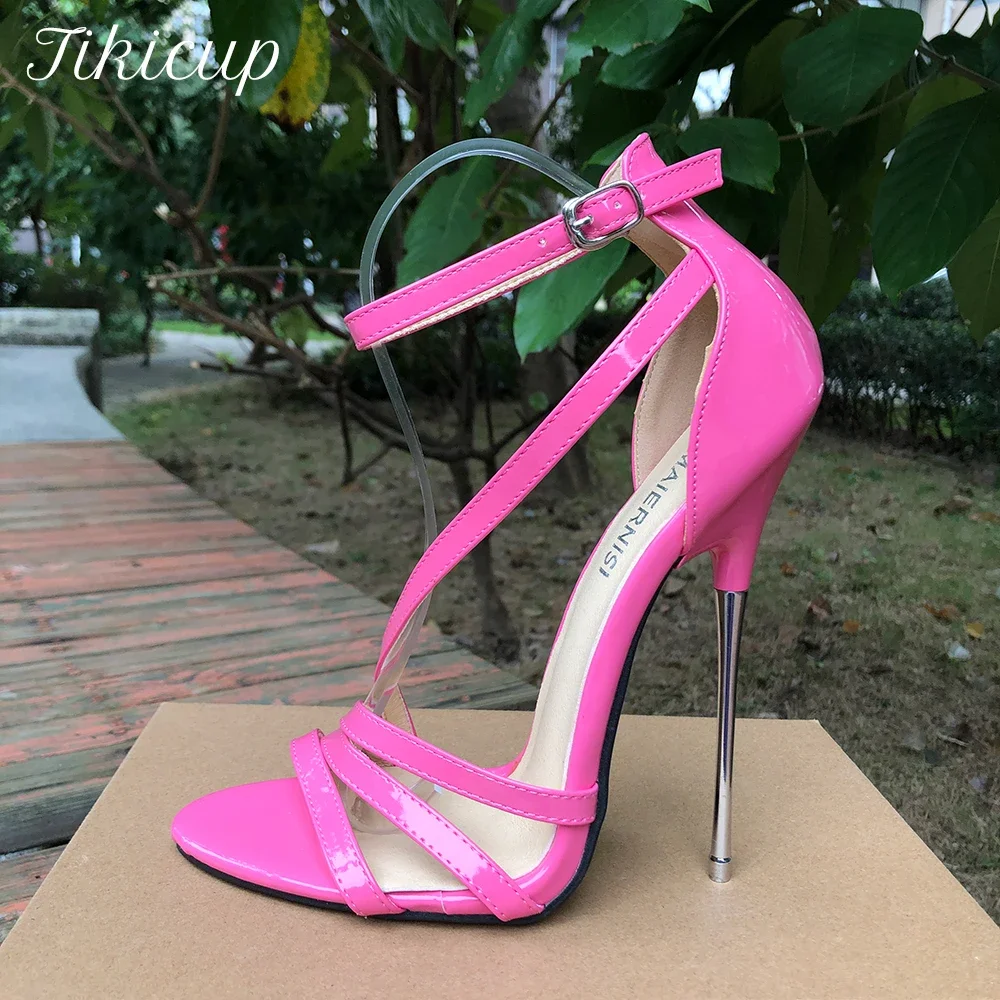 Sandalias rosas de tacón súper alto de 16cm, tacones de aguja sexis para mujer, zapatos de tacón SM cruzados, fetiche, puesta en escena, espectáculo, zapatos Unisex