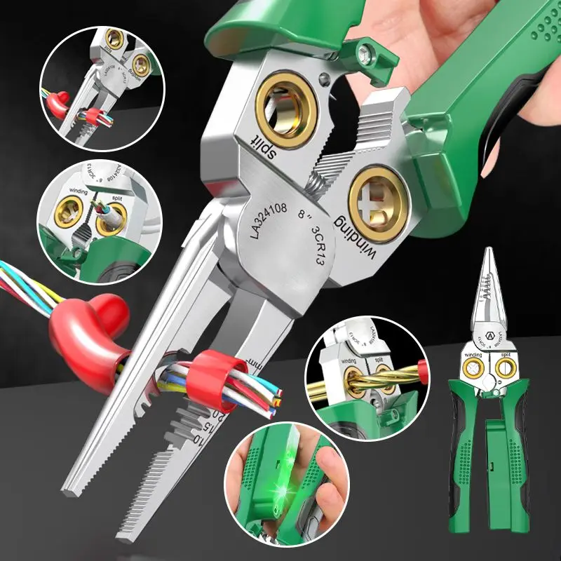 8-in-1 Multifunctional Wire Stripper Stainless Steel Electrician Pliers Needle-nose Pliers with Electrical Measurement Hand Tool