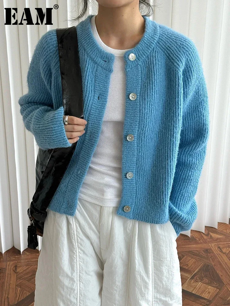 

Женский Повседневный вязаный кардиган EAM, сине-Коричневый кардиган с круглым вырезом и длинным рукавом, весна-осень 2024