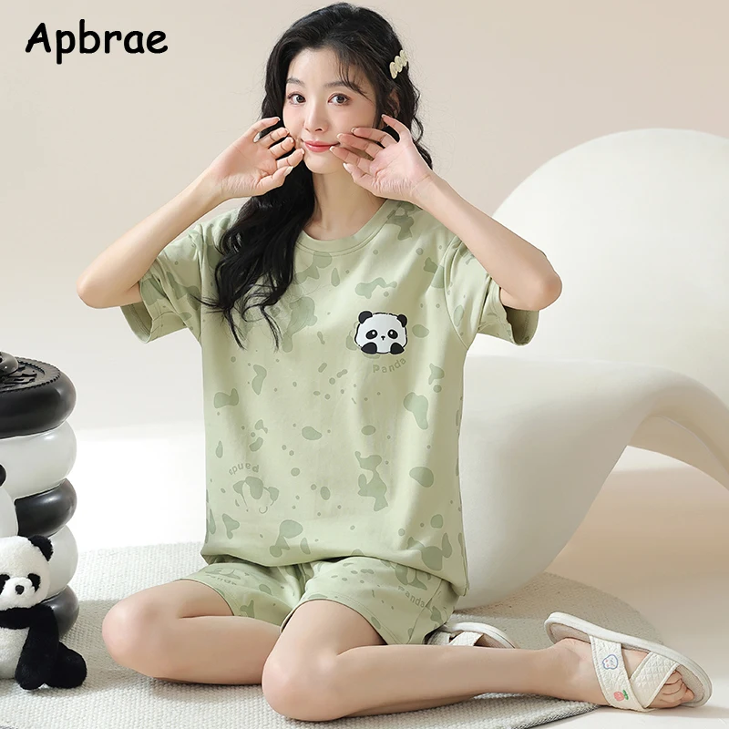 New Summer Woman Pajama Soft Faux Cotton Pyjamas Short Sleeved Plaid Pants Pajama Korean Kawaii Rabbit Print Home Wear