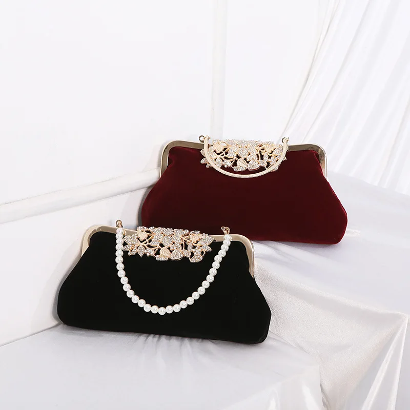 Vintage Wine Red Velvet Evening Bags For Women Fashion Luxury Rhinestone Buckle Clutches Chain Shoulder Bag Prom Party Handbags