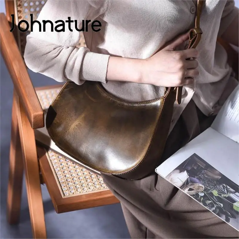 

Johnature Vintage Handmade Genuine Leather Saddle Bag Fashion Underarm Bag Versatile Women Small Shoulder & Crossbody Bags