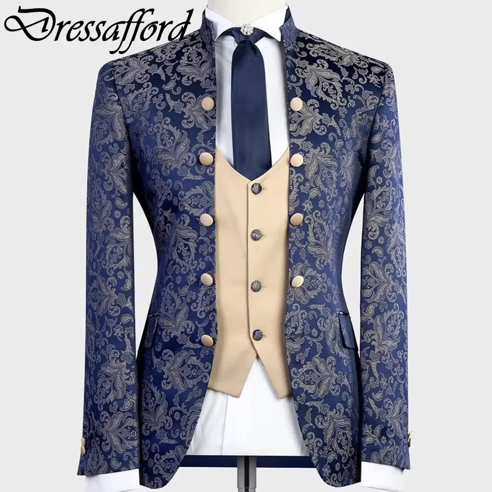 Royal Blue Three Pieces Printing Men Suits Gorgeous Formal Party Blazer Groom Wear ( Jacket + Vest + Pants )