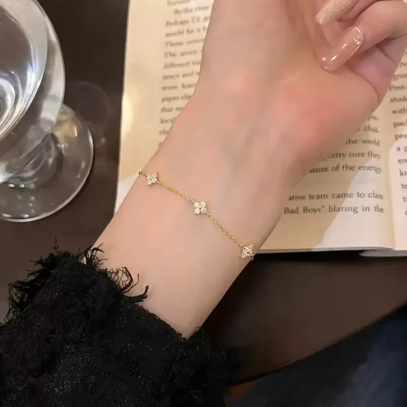 High Quality Crystal Four Leaf Flower Bracelet for Women Clasic Trendy Gold Color Stainless Steel Zircon Bangle Jewelry Gift