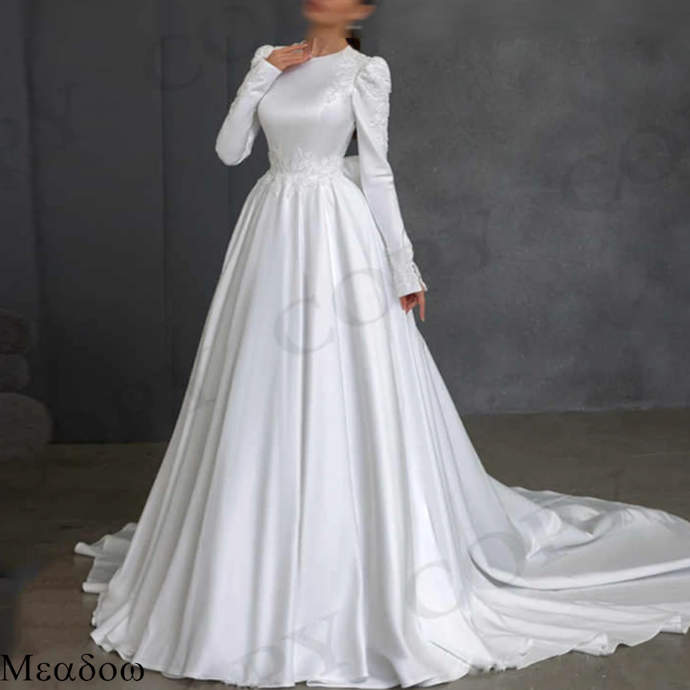 Personalizado simples o-pescoço a linha apliques requintados luxo cetim vestido de casamento de alta qualidade moderno mangas compridas vestidos de noiva