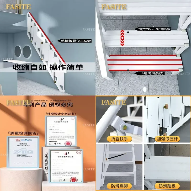 For Household Thickened Aluminum Alloy Folding Stairs Wall Mounted Space Saving Loft Ladder for Small Apartment Indoor