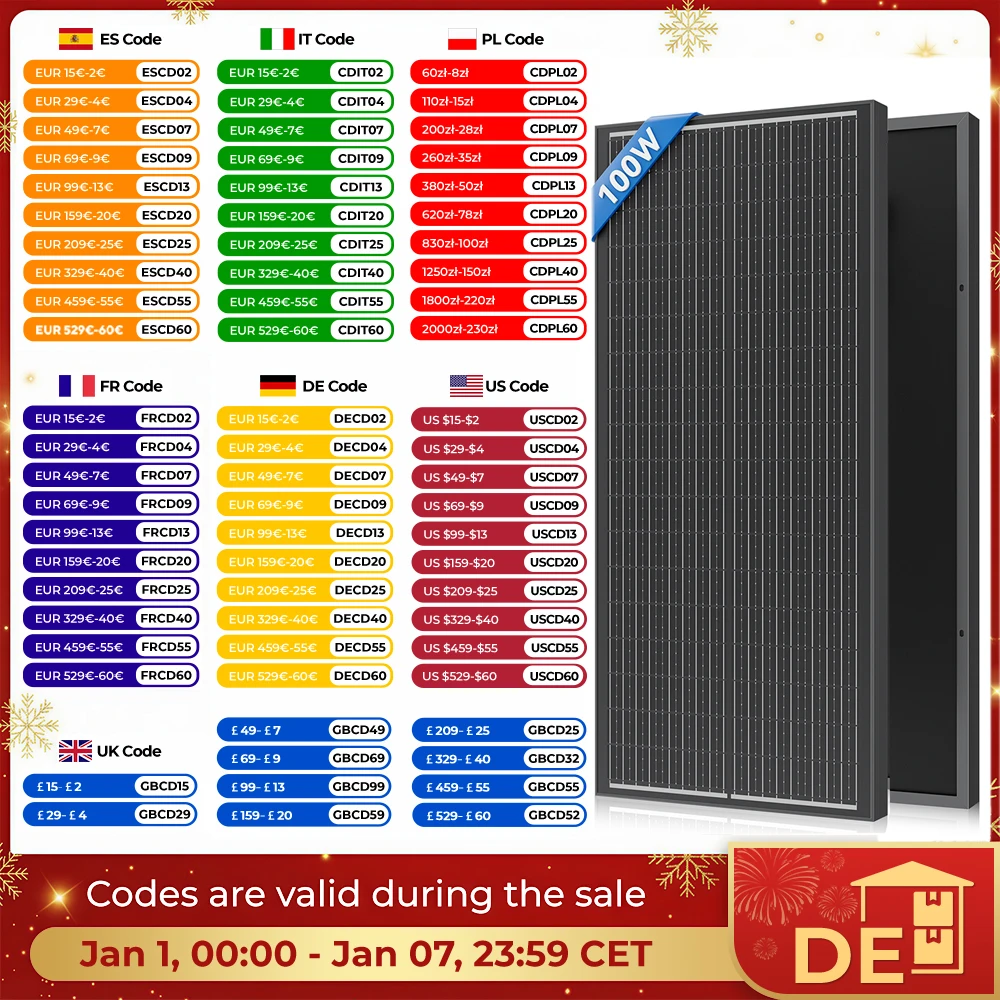 RVPOZWER 100W 12V 12BB Pannello solare monocristallino IP67 Waterwoof ad alta efficienza e facile da installare per la ricarica del tetto della barca camper