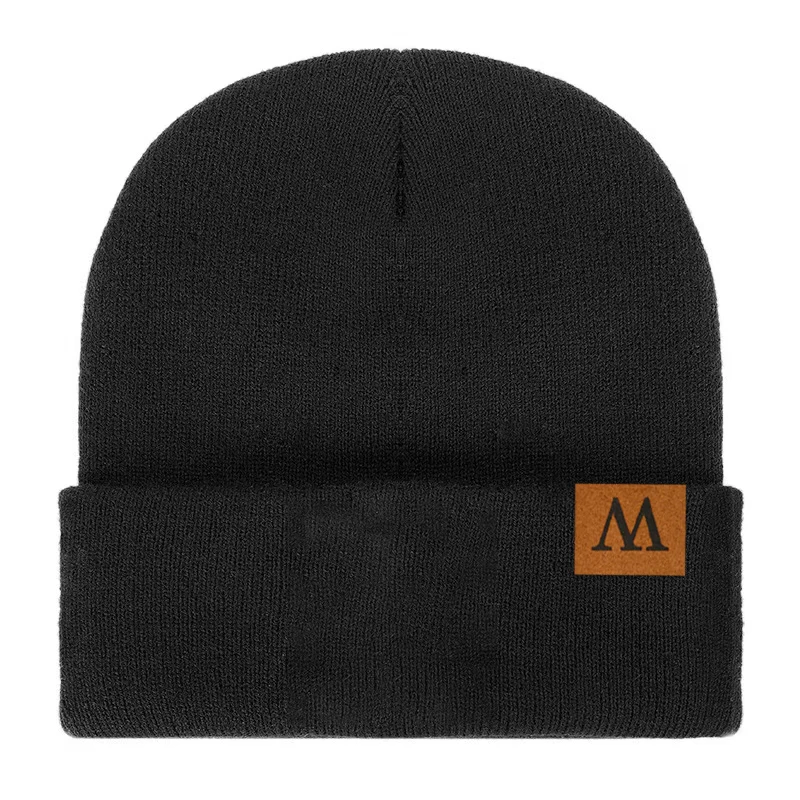 1PC Letter M Leather Patch Knit Beanie for Men, Elastic Ribbed Fold Cuff Casual Skull Hat, Multiple Solid Color Daily Knit Cap