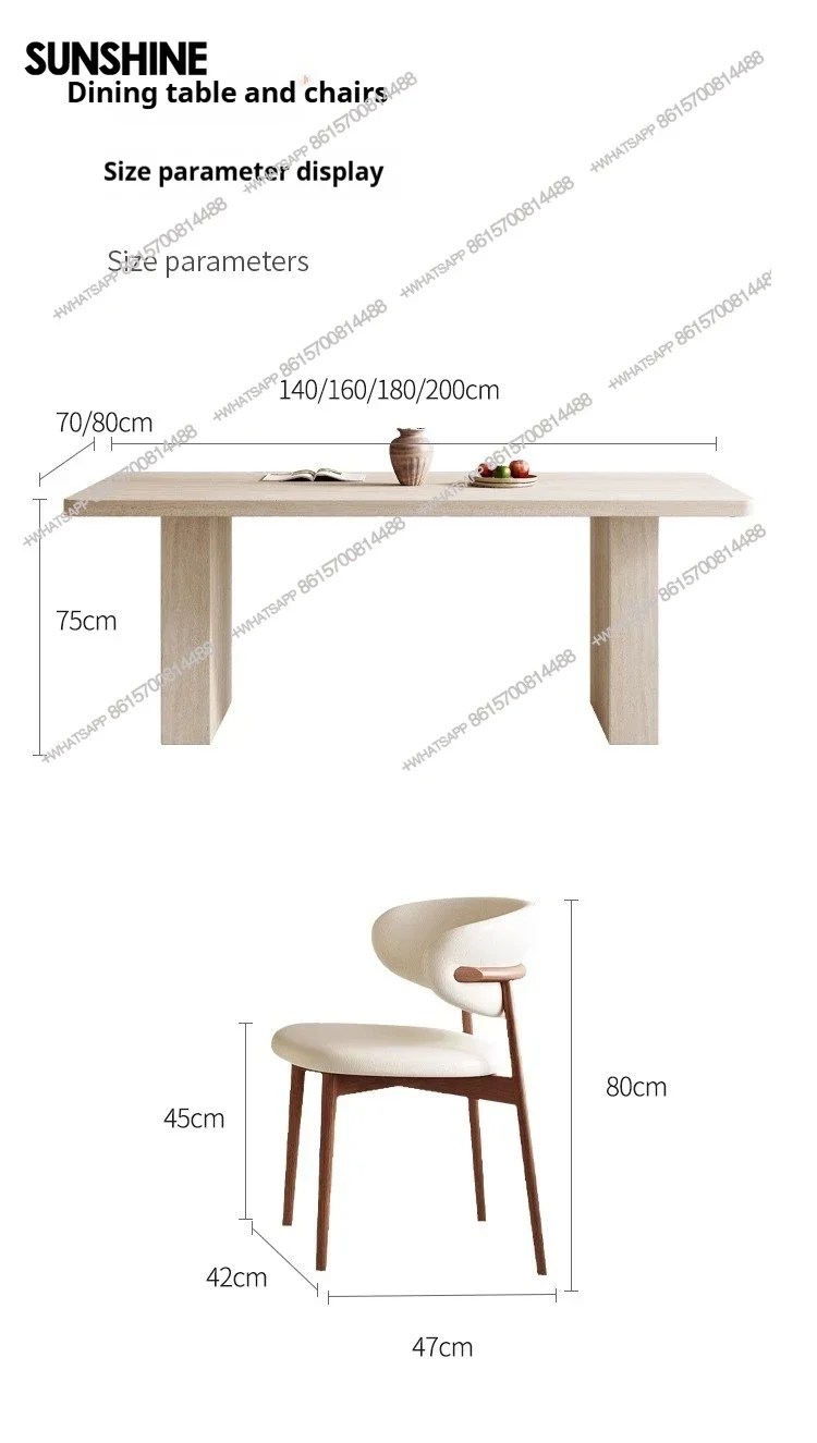 Mid-Century Travertine Dining Set: Wabi-Sabi Rectangular Table & Chairs, Customizable French Luxury for Small Spaces​​